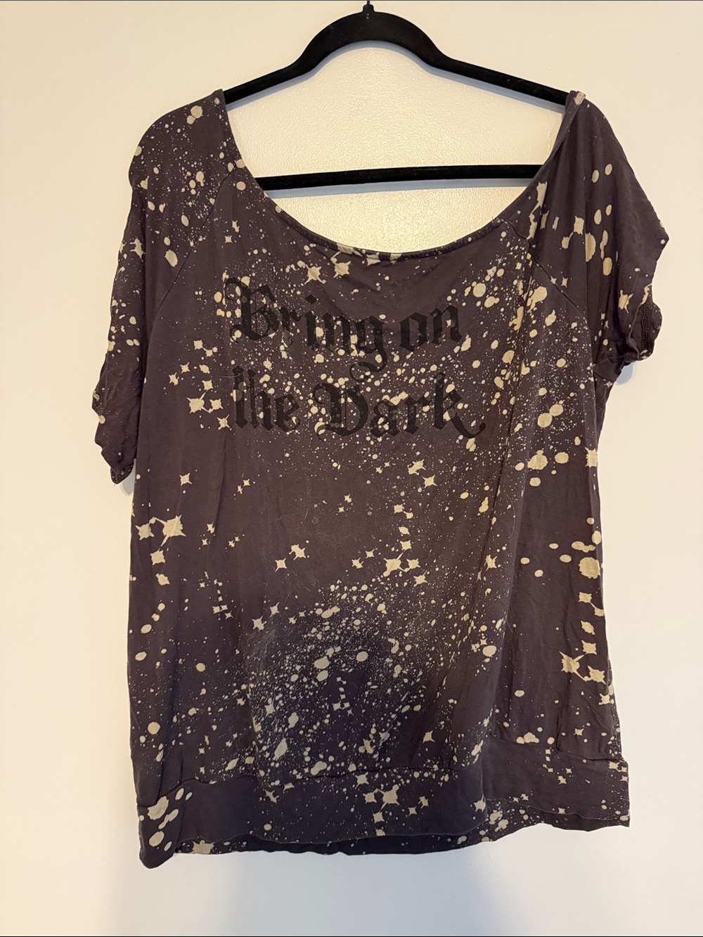 Short Sleeve Black Tee with Cream Splatter and Gothic Chest Print
